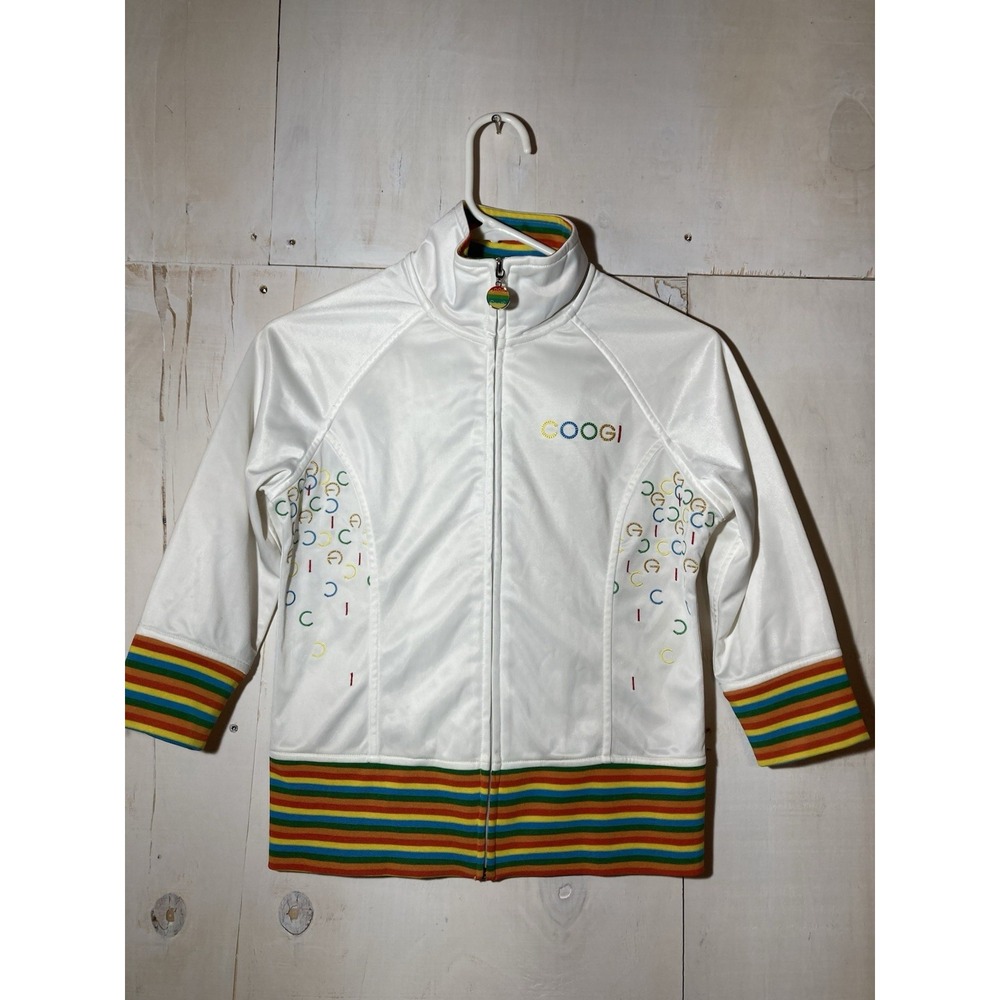 Vtg Y2K COOGI‎ Logo Zip 3/4 Sleeve White Rainbow Track Jacket Women's Small